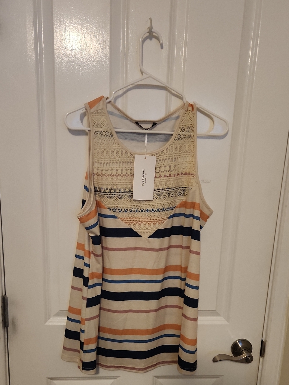 BloomChic Striped Crochet Yoke Tank - Cream, Navy & Peach